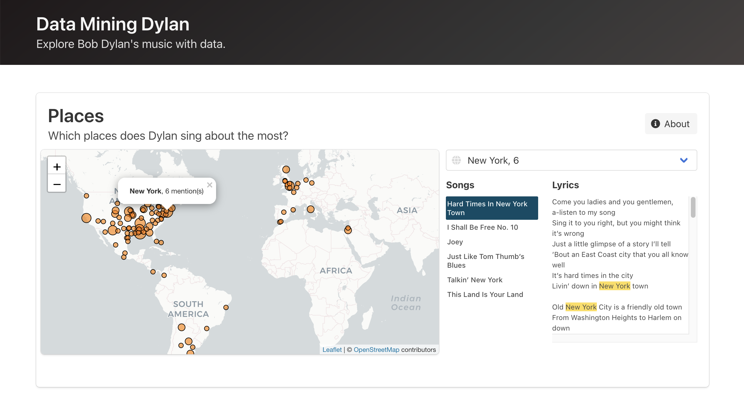 Data Mining Dylan screenshot showing an interactive bubble map