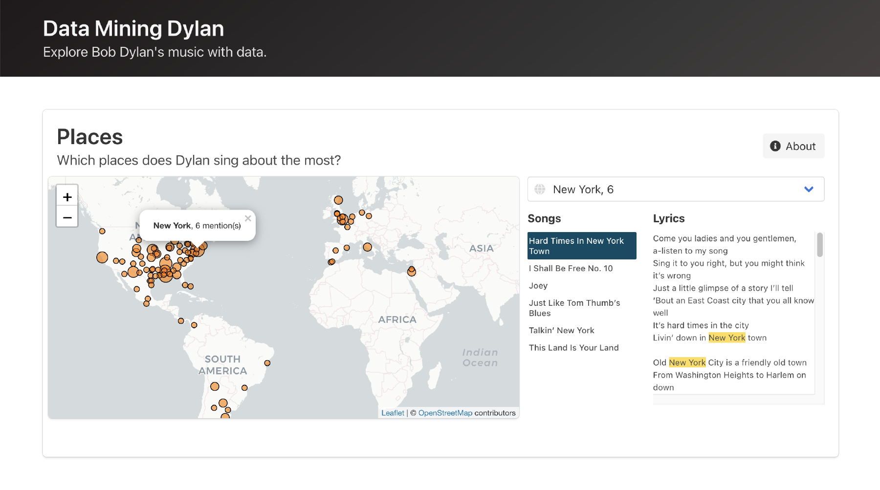 Data Mining Dylan screenshot showing an interactive bubble map