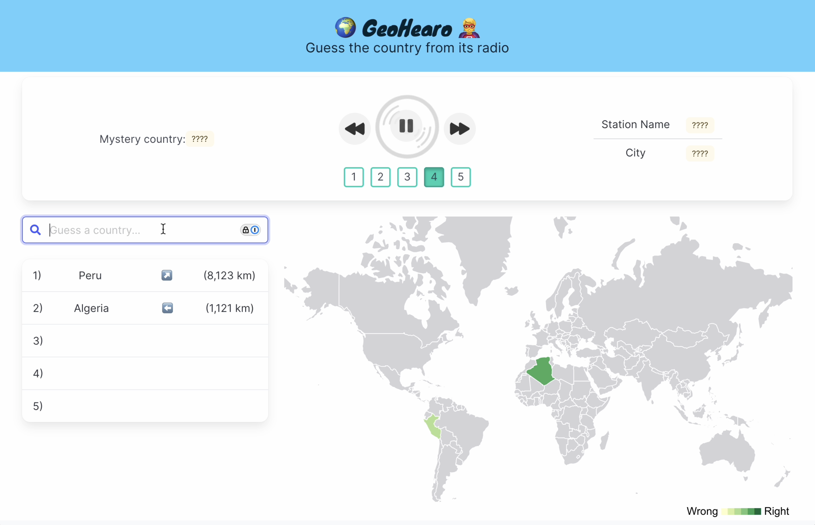 GeoHearo game interface showing a world map