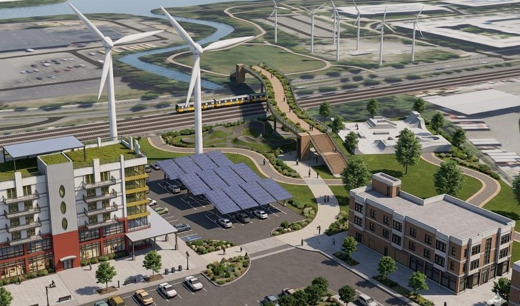 AI rendering of the pedestrian bridge, pump track, and skatepark