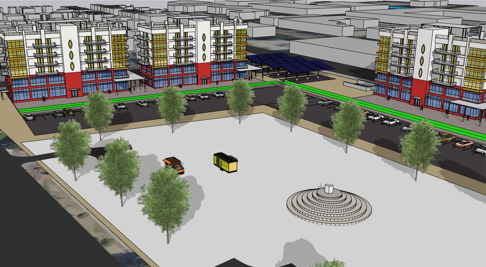 SketchUp 3D model of central plaza and mixed-use buildings